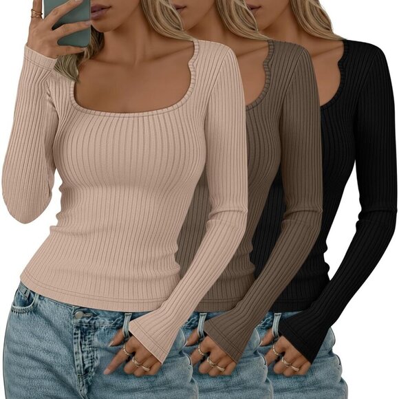 Tops - 3 Pack Women's Long Sleeve T-Shirts Basic Crop Tops Slim Fit Fall Outfits